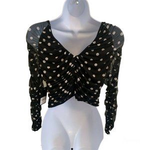 Long Sleeves Mesh Ruched Top black Polka dot Size M